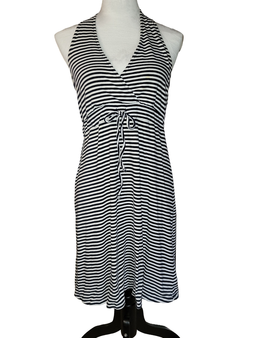 Venus Nautical Striped Halter Dress Navy Blue & White Adjustable Tie Size Medium